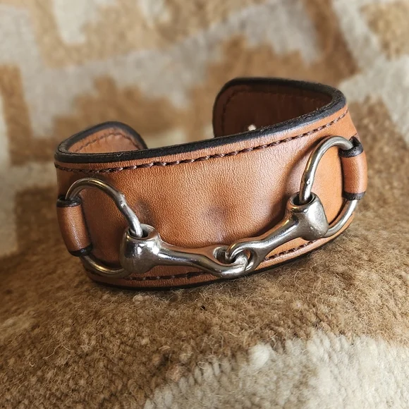 Rebecca Ray Snaffle Bit Cuff, Tan Leather, Equestrian Horse Girl Cuff Bracelet - Picture 2 of 8